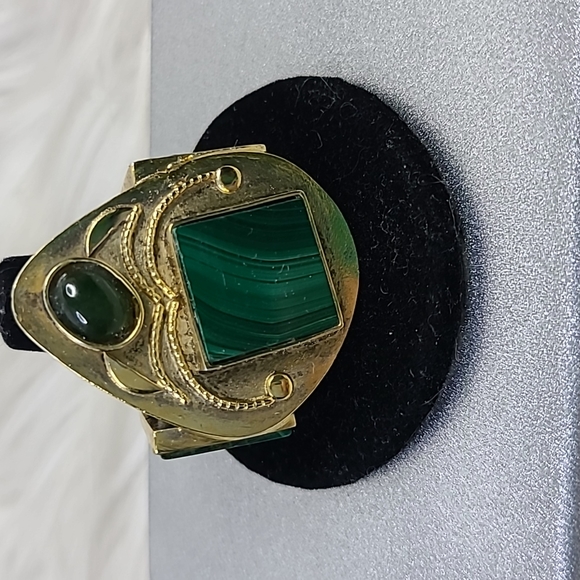 hellmut Jewelry - Vintage Ring Size 10 Gold Tone Malachite Handmade Statement Piece Unique Jewelry